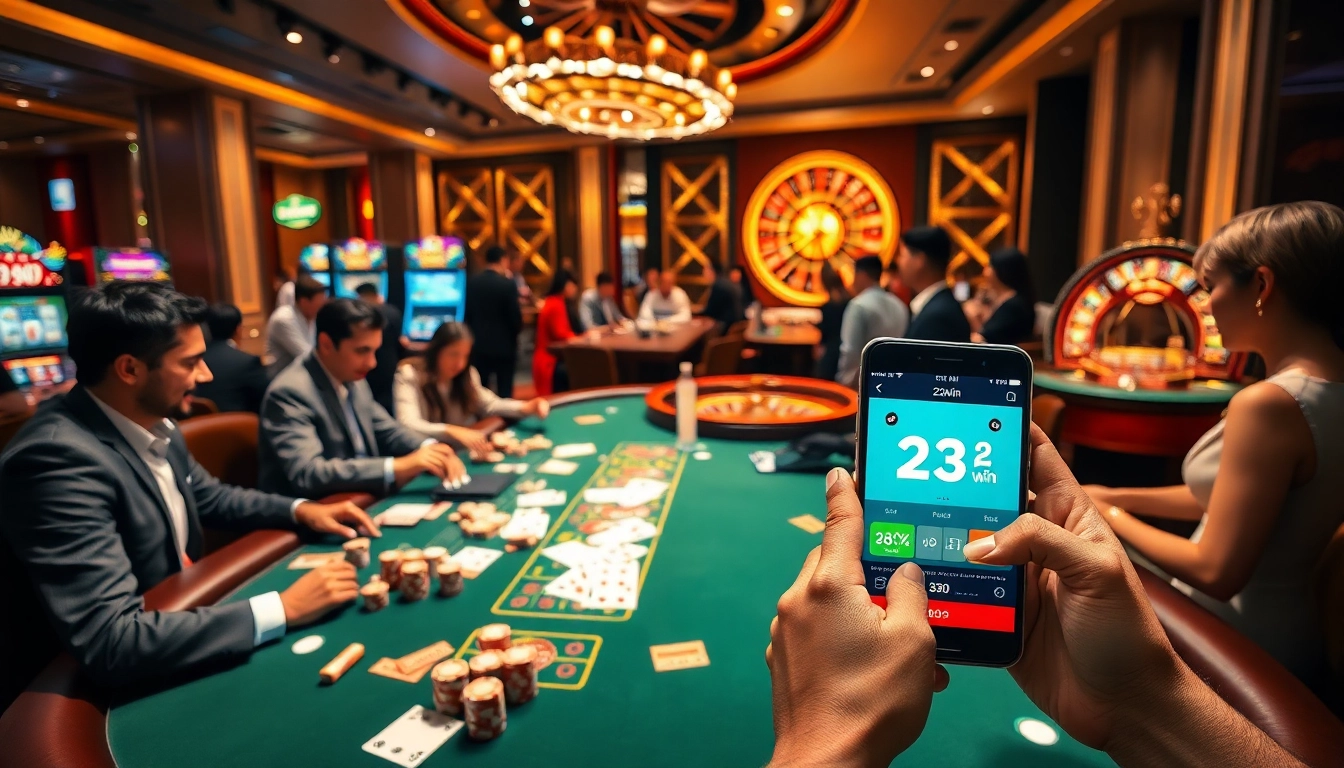 Players enjoying gaming action with the 23win app prominently displayed on a mobile device.