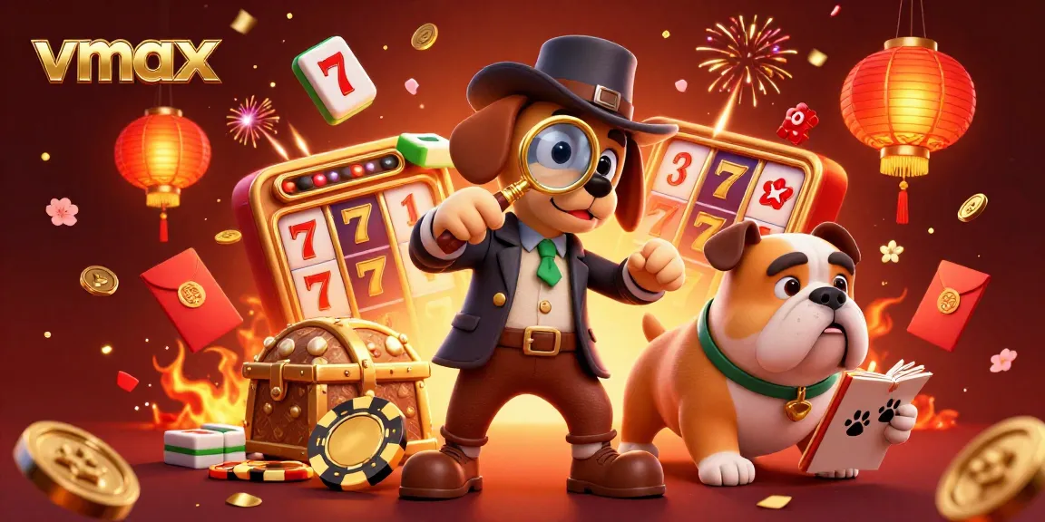 Gamble at vmax casino while exploring treasures with a detective dog duo in vibrant 3D illustration.