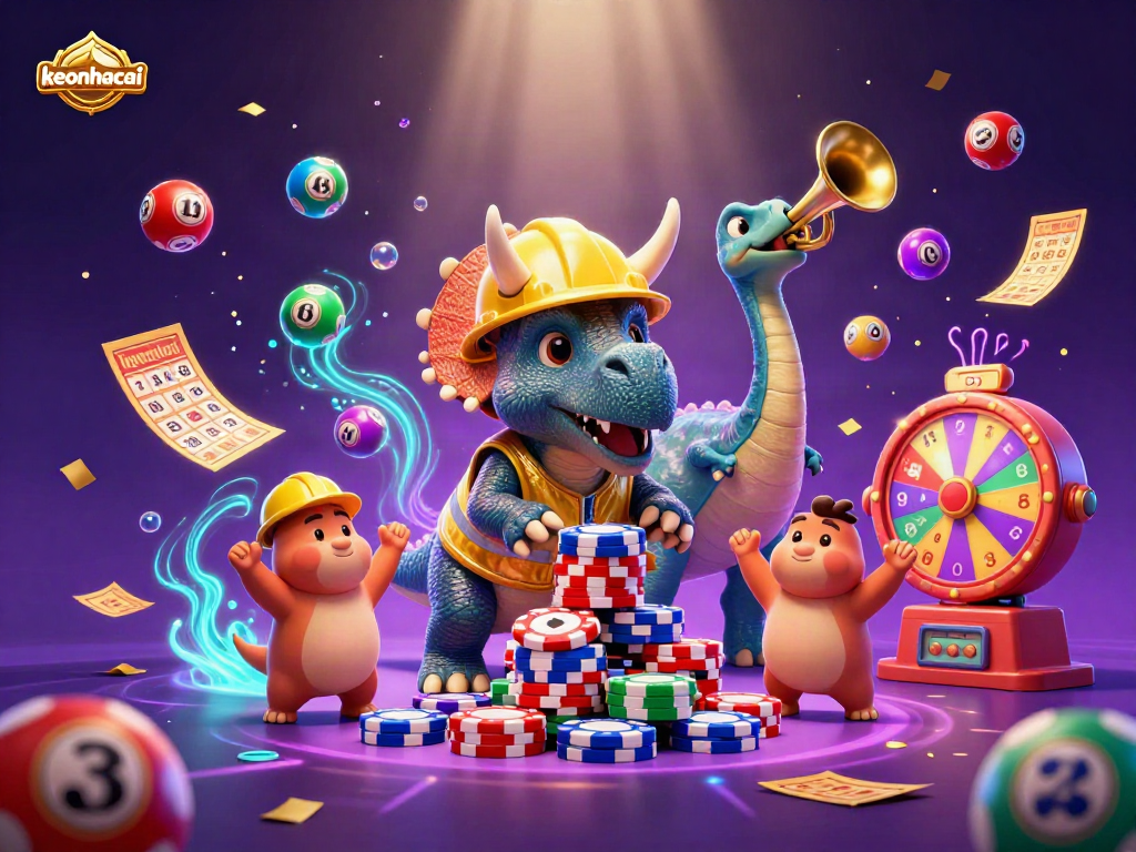 Engage with keonhacai as a cartoon triceratops builds poker chip pyramids amid a vibrant casino celebration.