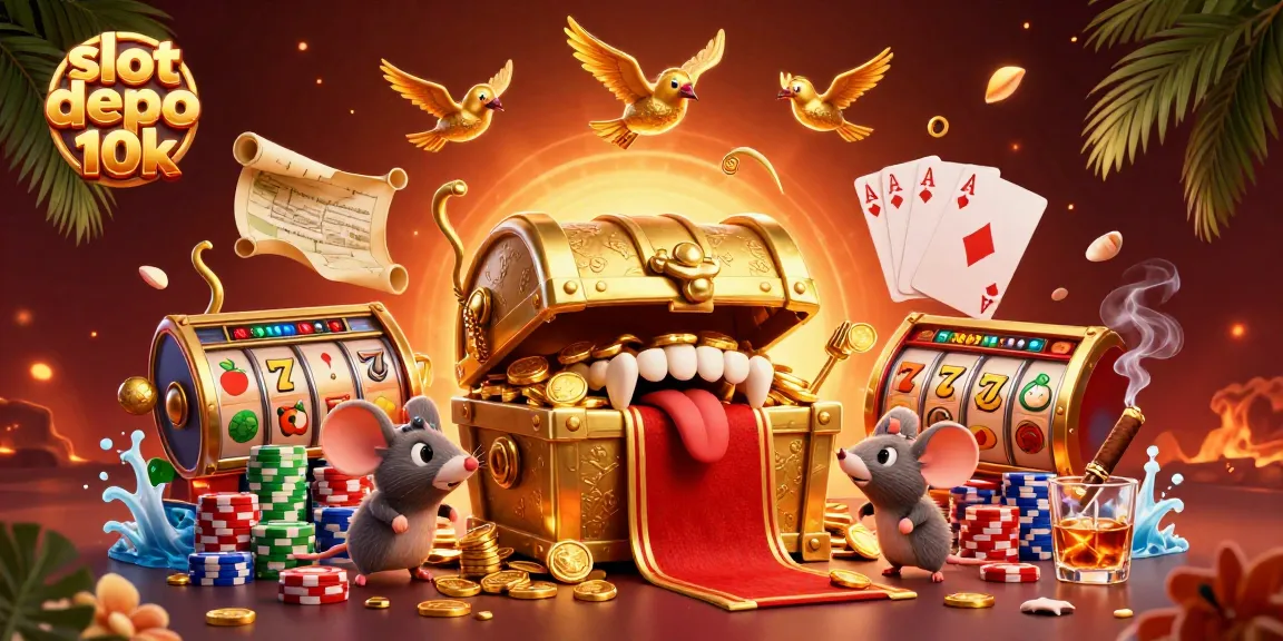 Experience the thrill of slot depo 10k with a cartoon treasure chest, adorned with treasures and vibrant casino elements.