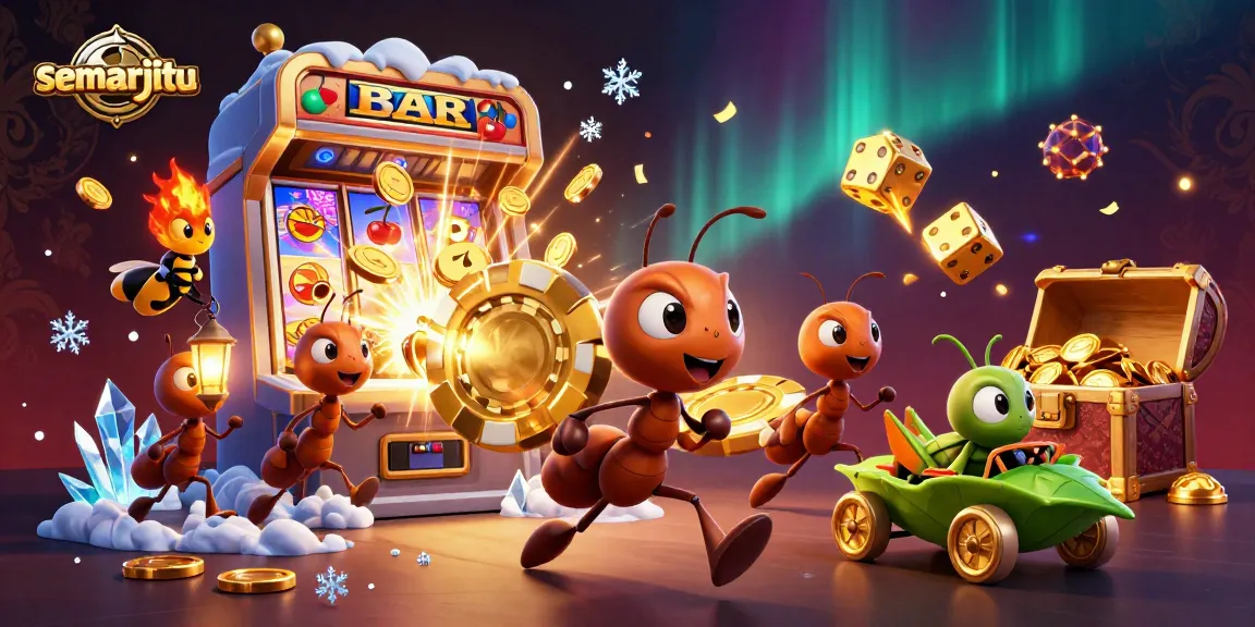 Semarjitu membawa chip poker emas besar sambil dikelilingi elemen kasino yang menarik.