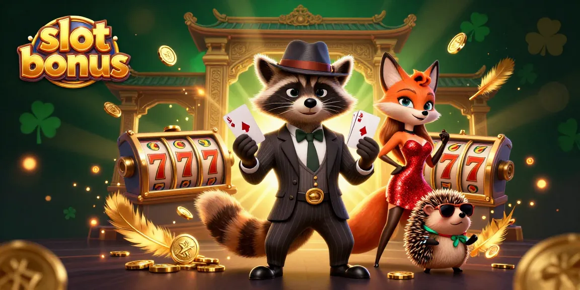 Experience exciting slot bonus offers with a raccoon, fox, and hedgehog in a vibrant casino setting.