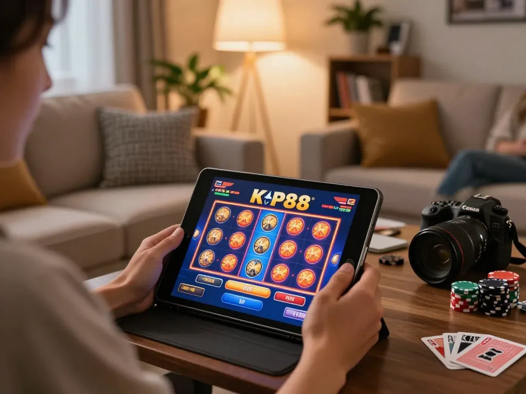 Engaging home gaming setup enjoying KP88 com's live casino games on tablet, cozy atmosphere.
