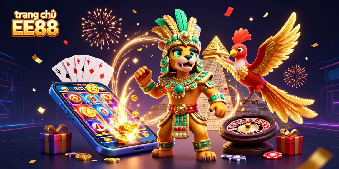 Experience the thrill of gaming at trang chủ EE88 with a vibrant Mayan-themed 3D illustration showcasing casino elements.
