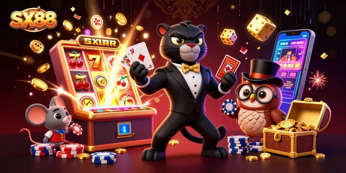 SX88 offers thrilling moments with a panther dealer, owl and mouse in a vibrant casino scene.