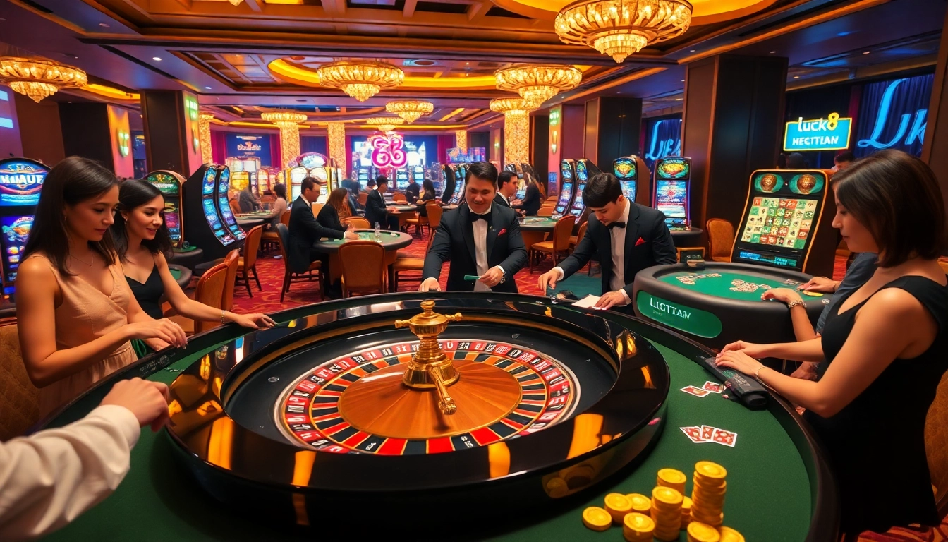 Luck8 roulette table surrounded by players, showcasing an exciting casino atmosphere.