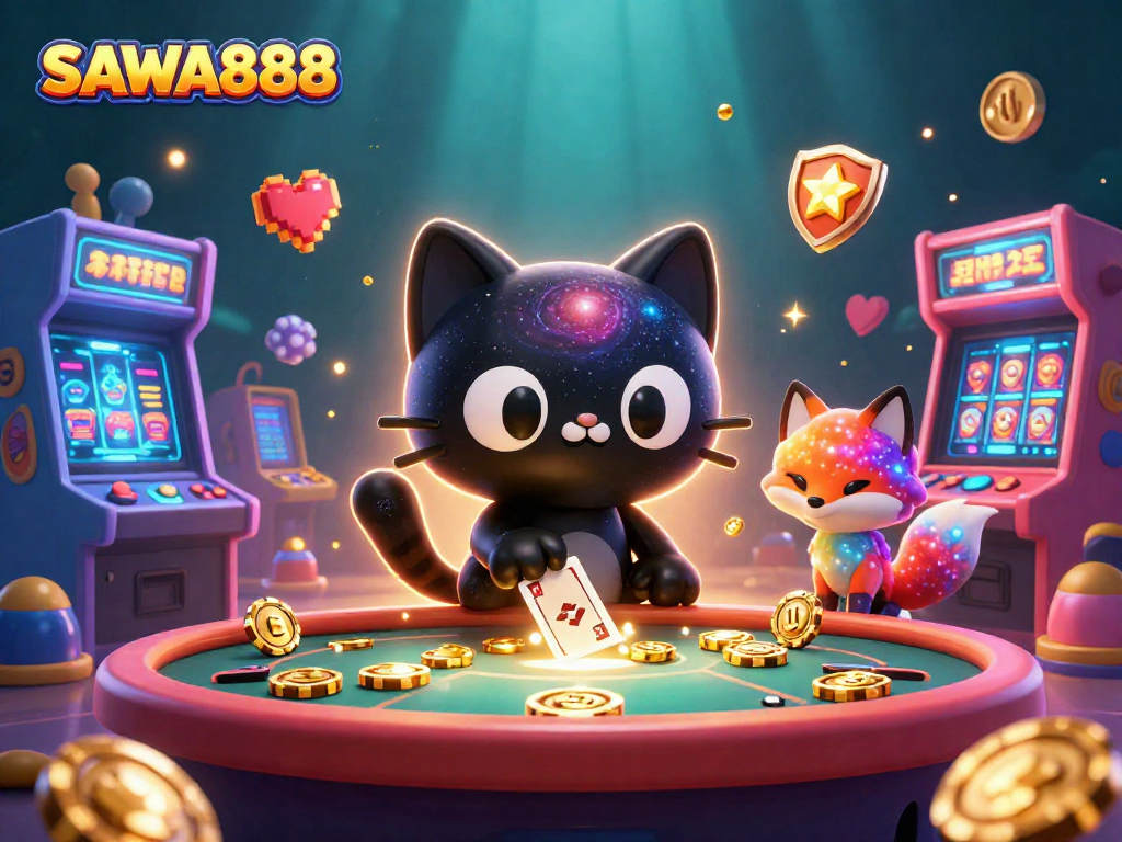 Spin and win with SAWA888's colorful 3D slots and an enchanting cosmic cat at the casino.