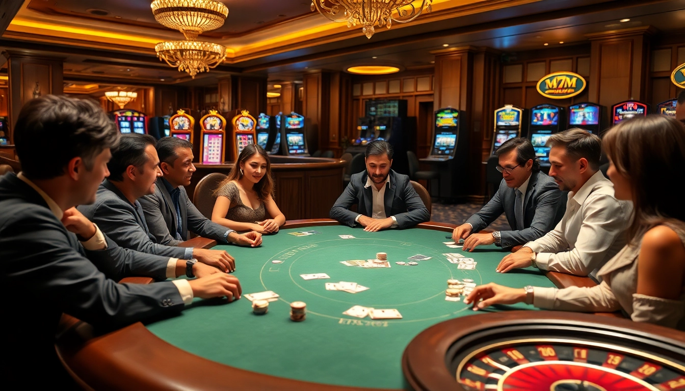 Engaging poker players at a luxurious 789F casino table, with vibrant slot machines and high-stakes atmosphere.