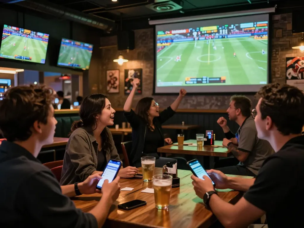 Patrons engaged in sports betting using the NET88 app while watching a live game at a sports bar.