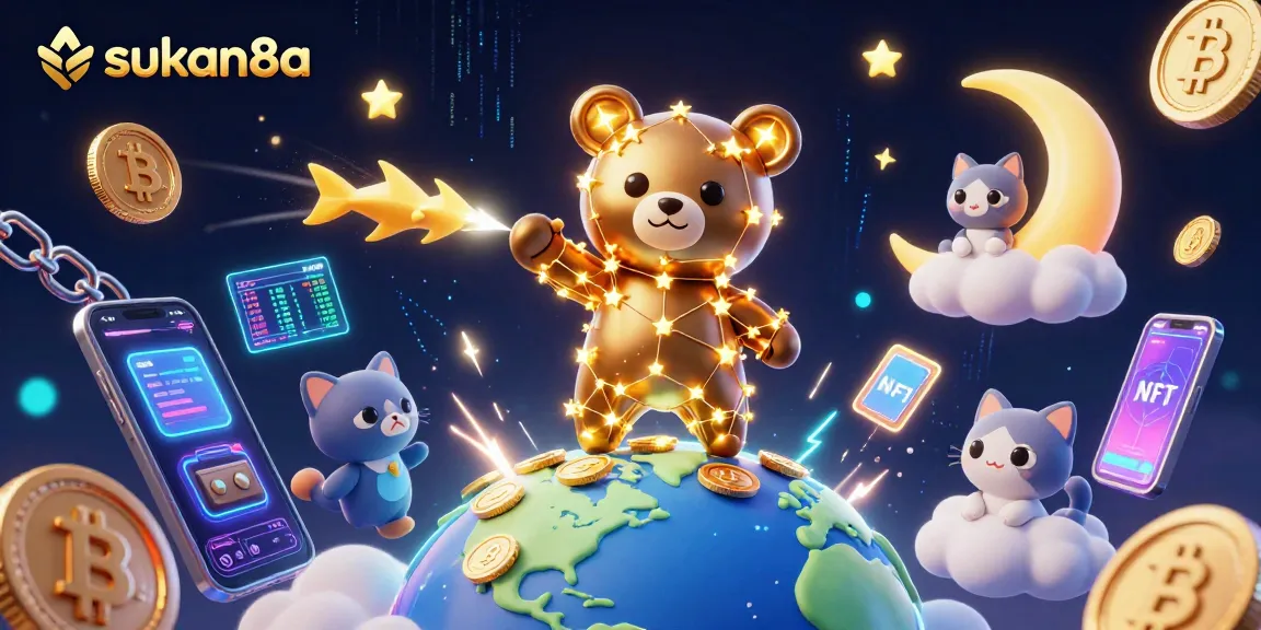 Sukan8a casino scene with a constellation bear, crypto coins flying, and vibrant game elements.