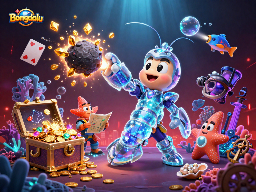 Bongdalu showcases a spectacular 3D scene where a mantis shrimp breaks an asteroid, scattering treasure.