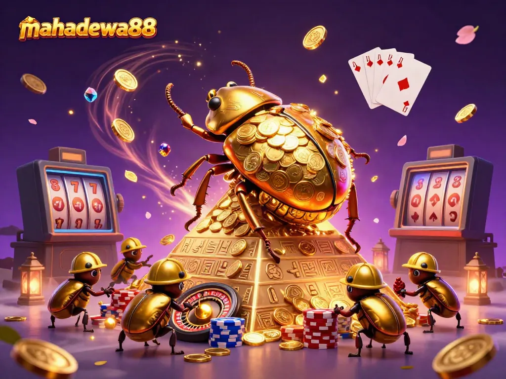 Experience the thrilling gameplay at mahadewa88 with a vibrant illustration of golden beetles, coins, and casino symbols.