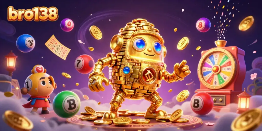 Engage in thrilling gameplay with bro138 featuring a vibrant 3D illustration of a golden golem amidst lottery balls and dynamic casino elements.