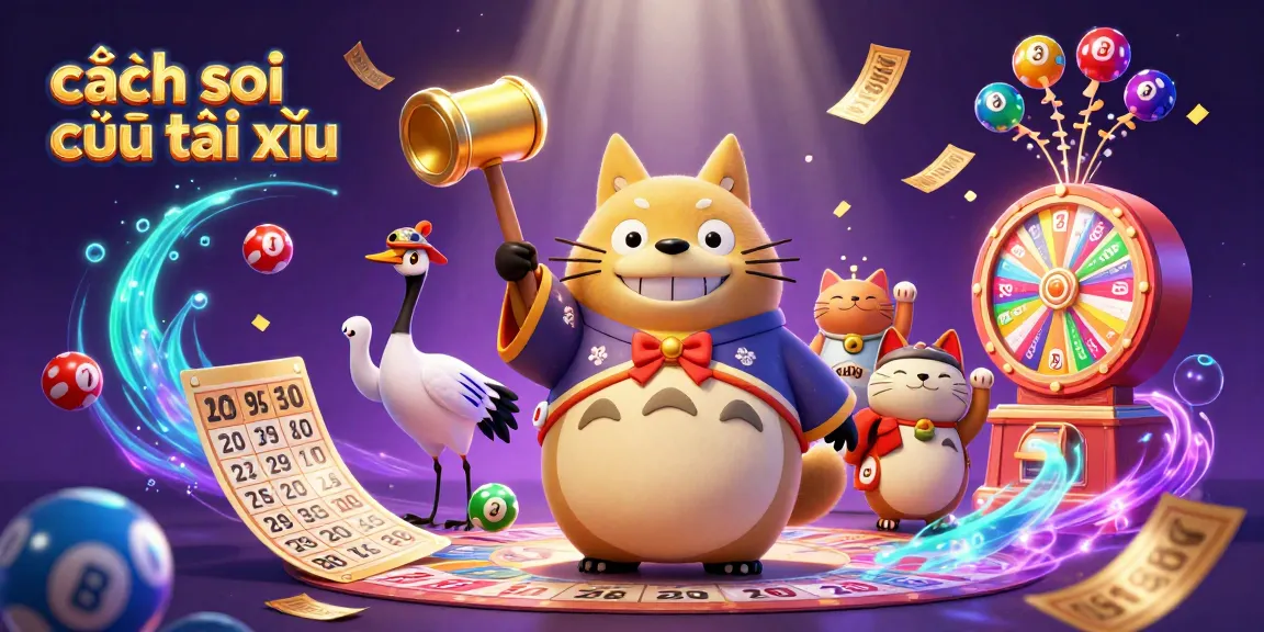 Engage with cách soi cầu tài xỉu through a vibrant 3D casino illustration featuring a cheerful tanuki and fortune cats.