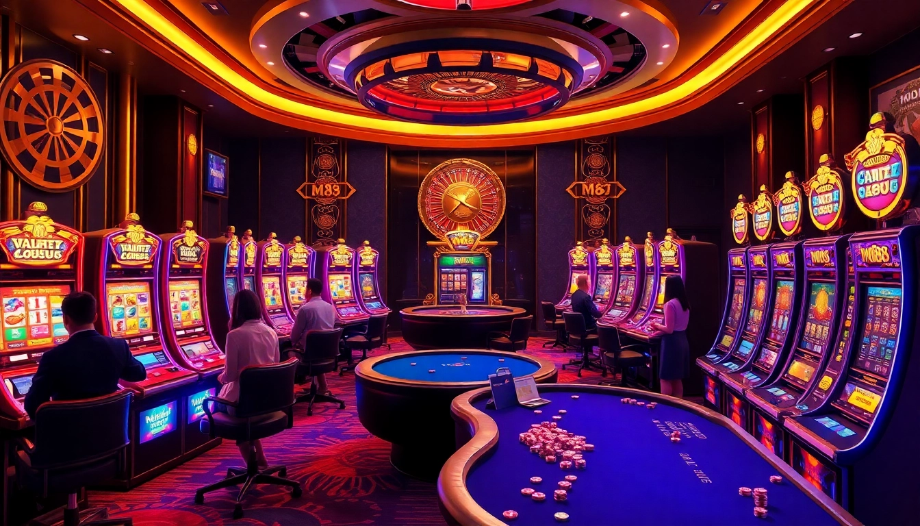 Experience thrilling gameplay at the M88 casino with vibrant slot machines and poker tables.