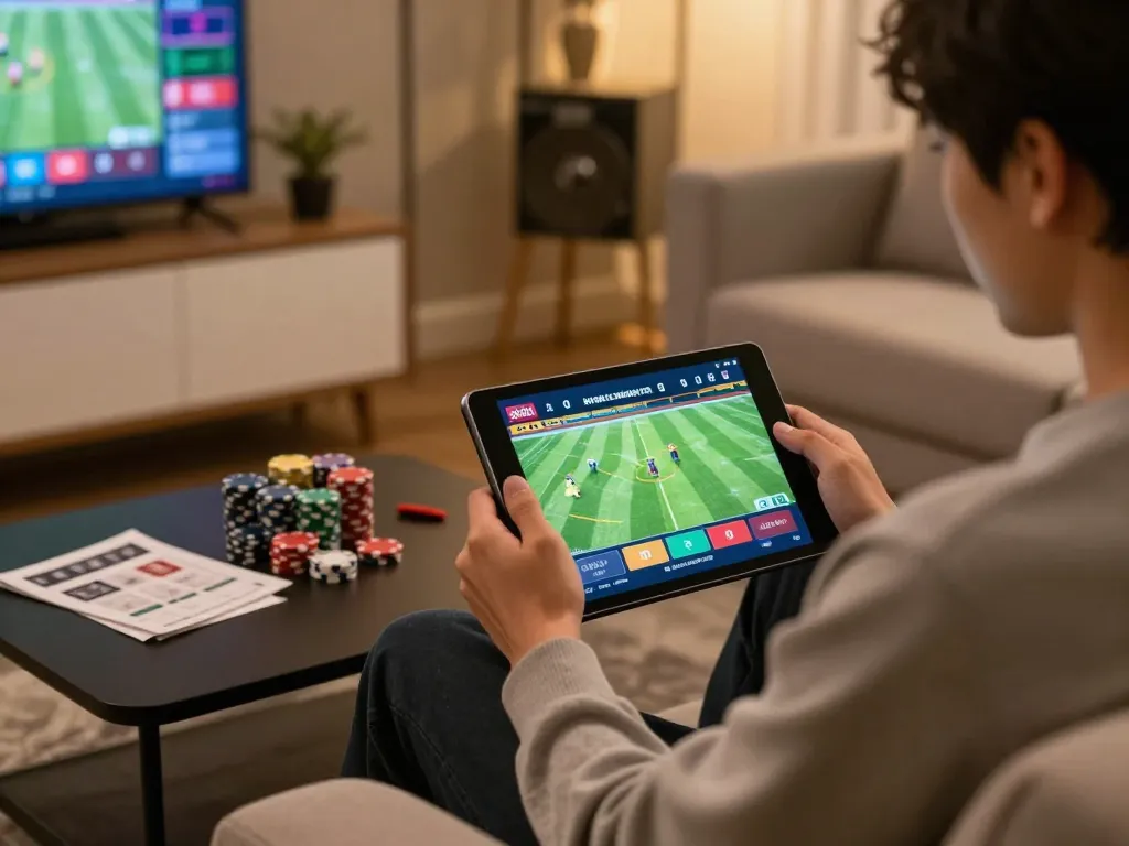 Xoilac TV enhancing the home gaming experience with live football viewing on tablet.