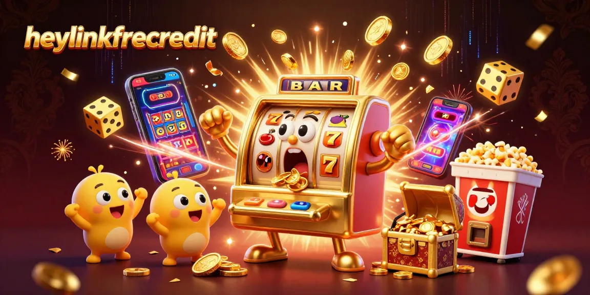 heylinkfreecredit casino illustration of a golden slot machine hitting a jackpot, surrounded by cheering machines and festive effects