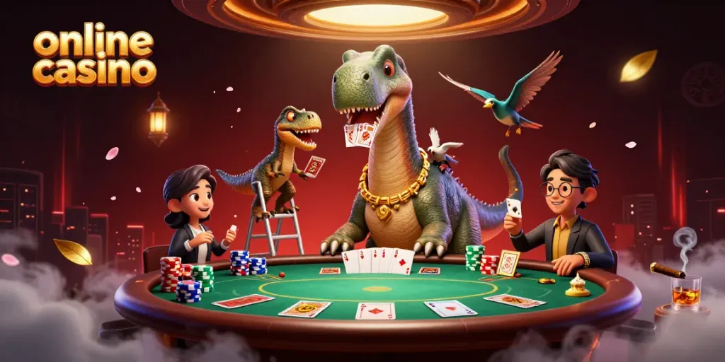 Engage with the online casino experience featuring a giant brontosaurus presiding over game elements.