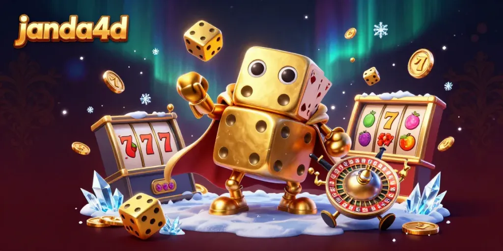 Menggulung dadu emas, simbol slot, jackpot, dan karakter menghibur dalam dunia kasino janda4d yang penuh warna.