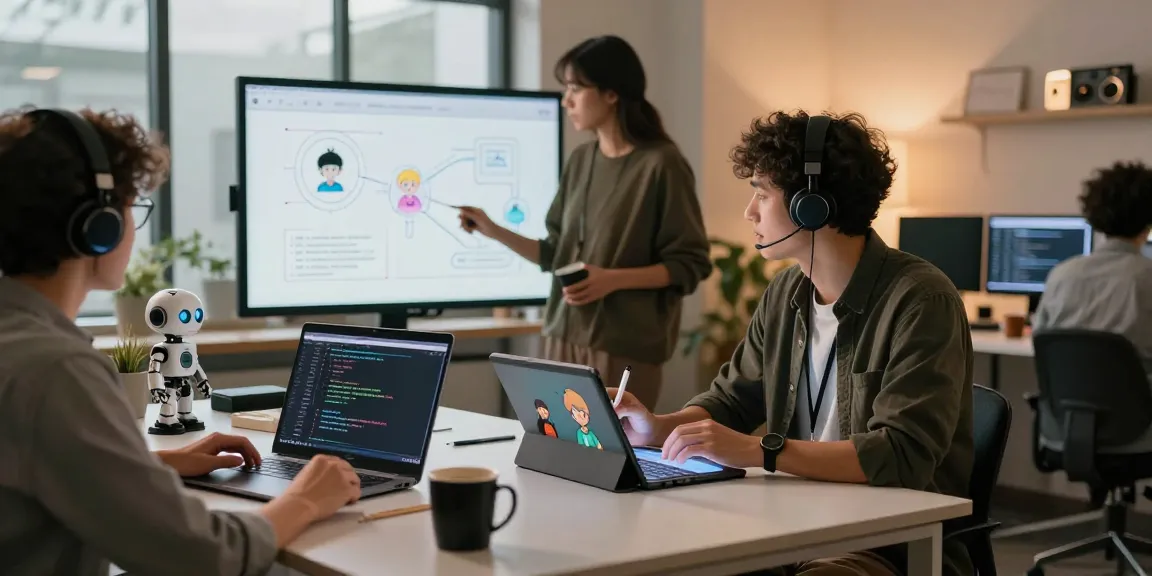 Engaging AI roleplay development in a modern tech workspace with diverse team collaboration.