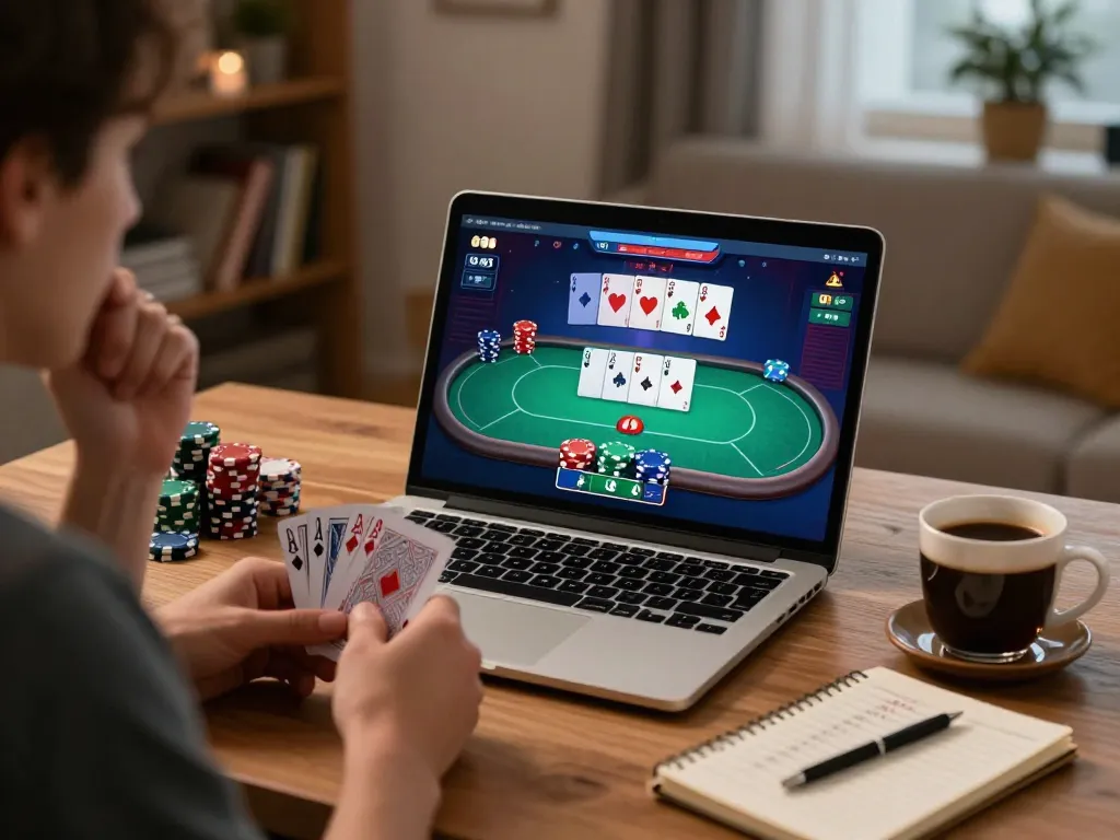 Engaging in strategic gameplay on Fokus777 during an online poker session at home.