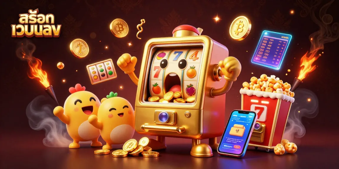 Play สล็อตเว็บตรง with the animated golden slot machine celebrating wins amidst floating crypto coins.