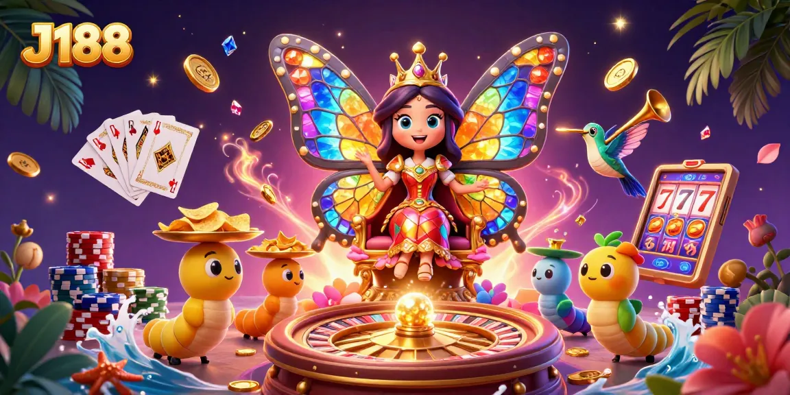Join the excitement at J188 with vibrant casino elements, featuring a 3D butterfly queen amidst thrilling gaming action.