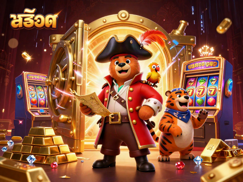 Engage with สล็อต in a thrilling casino scene featuring a bear captain, a tiger, and treasure.