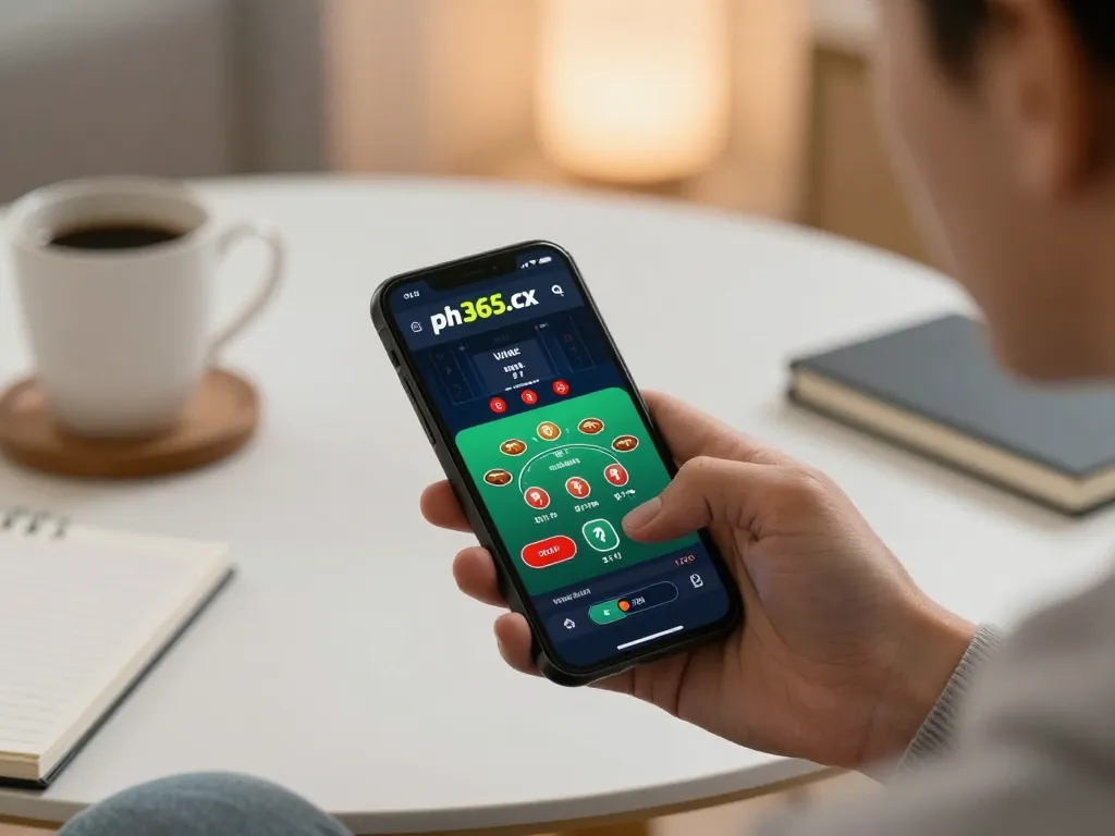 Engaged player using ph365.cx for live dealer blackjack on smartphone in cozy home setting.
