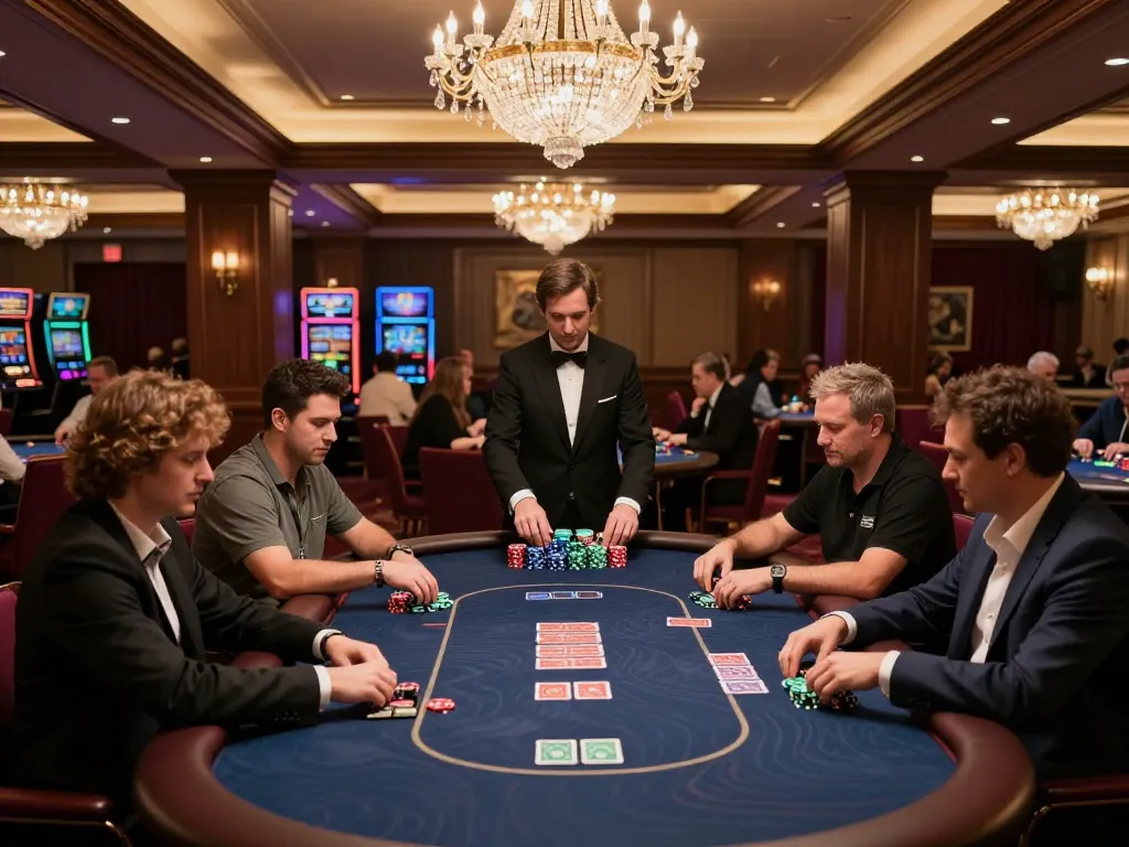 Rikvip players focus on high-stakes poker in a luxurious VIP gaming area, showcasing strategic gameplay.