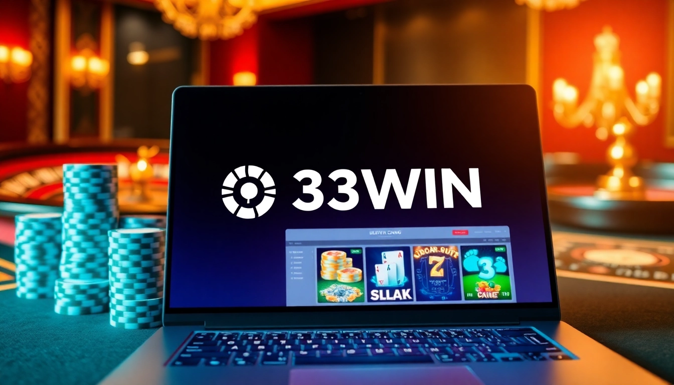 Players engaging with the 33WIN online casino interface amidst a luxurious gambling setting.