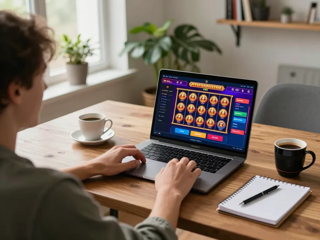 Engaging in online gaming with tle-online on a laptop, showcasing a vibrant casino app interface and strategic planning setup.