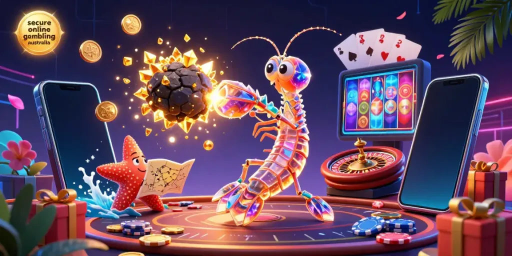 Experience secure online gambling Australia in this vibrant 3D illustration featuring colorful casino elements and characters.