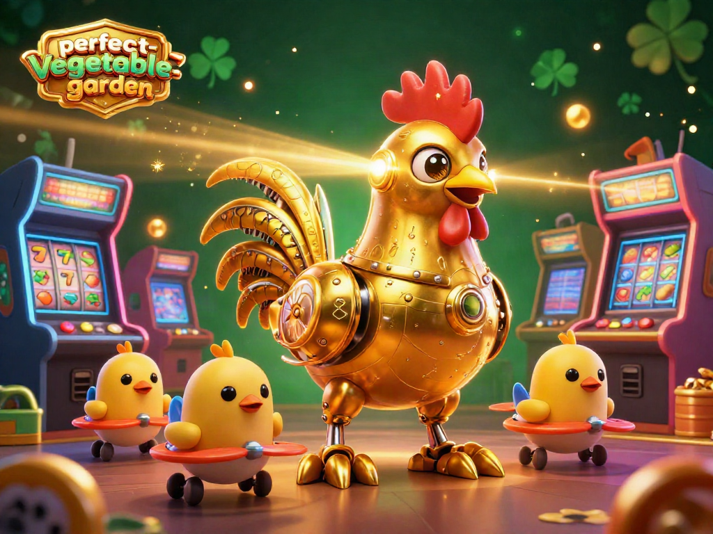 Experience the thrill of gaming at perfect-vegetable-garden with a golden rooster robot amidst vibrant slot reels.