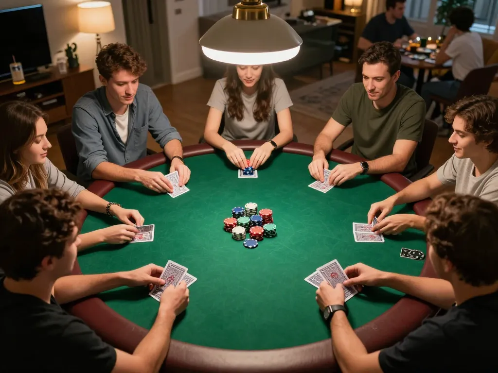 Players enjoying a lively poker game at home, showcasing the excitement of 888NEW casino gaming.