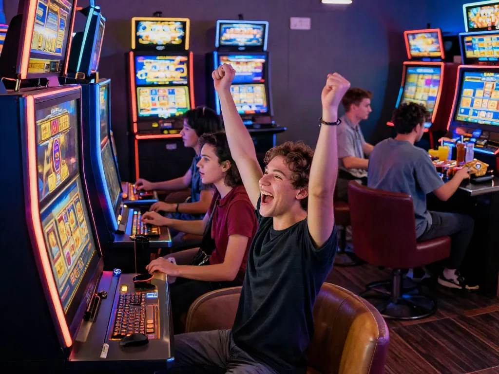 Excited player celebrating a win at a vibrant slot machine gaming lounge.
