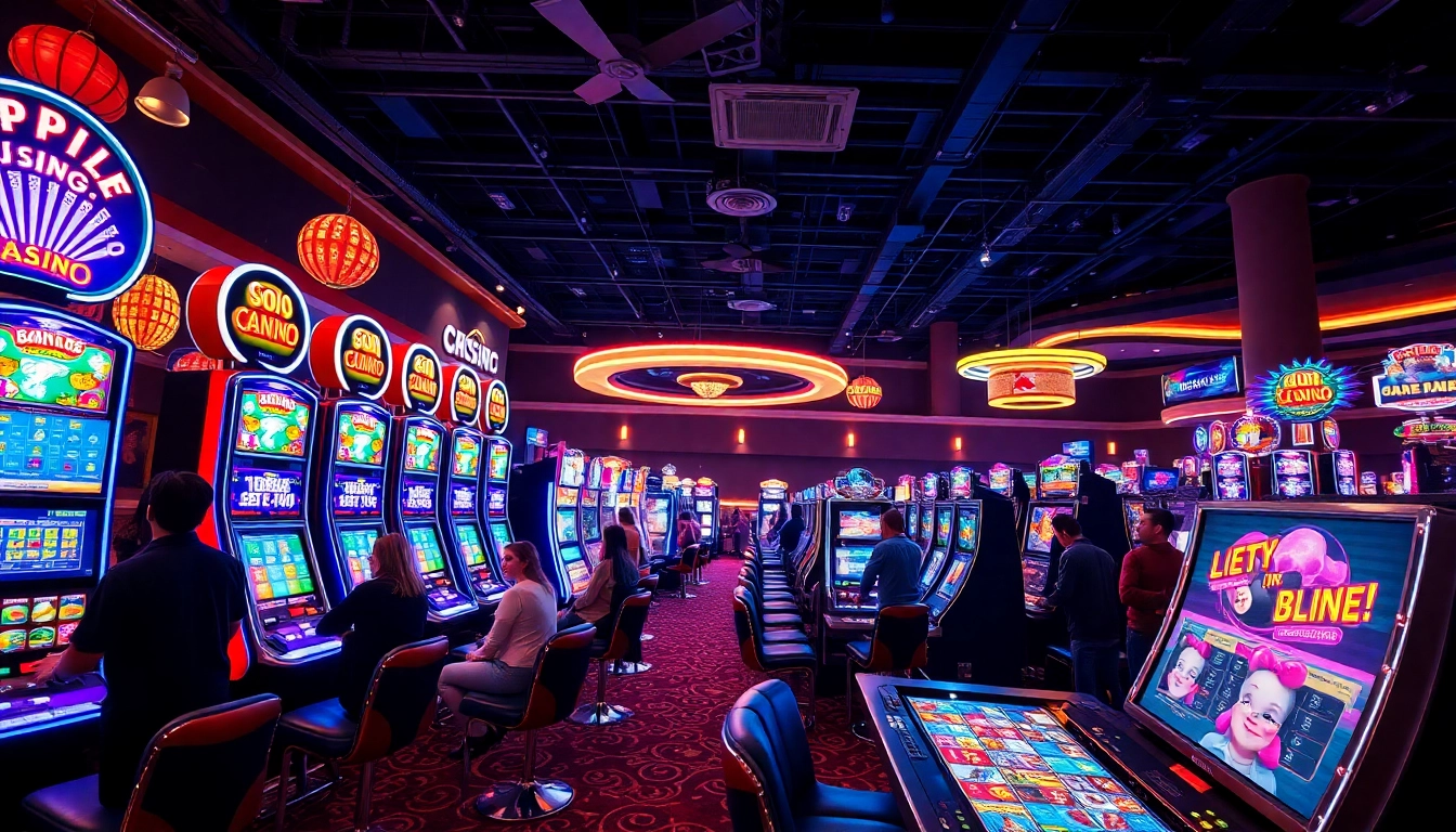 Spannende casino online spiele mit bunten Spielautomaten und fröhlichen Spielern erleben.