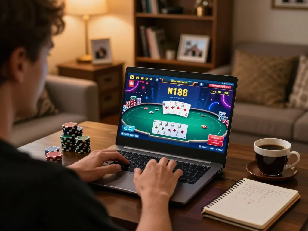 Engaging in n188 đăng nhập for online poker at home, creating strategies and enjoying the game.