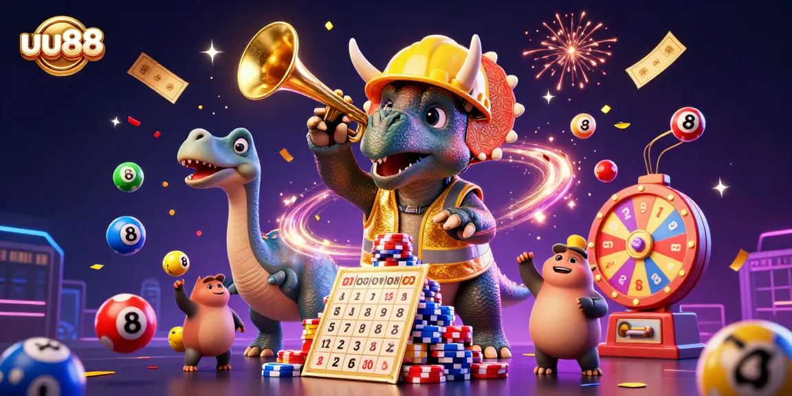 Engage with uu88's vibrant gaming world with a lively 3D illustration showcasing thrilling casino excitement.