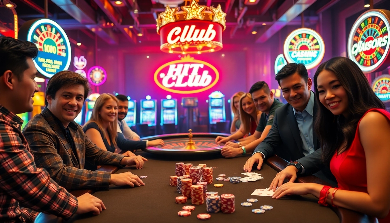 Gamblers celebrating their wins at the Hit Club casino poker table, surrounded by vibrant slot machines.