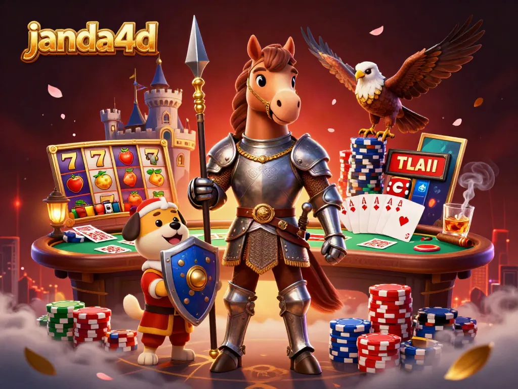 Gambarkan janda4d menang besar di kasino dengan karakter templar, anjing squire, dan elang.