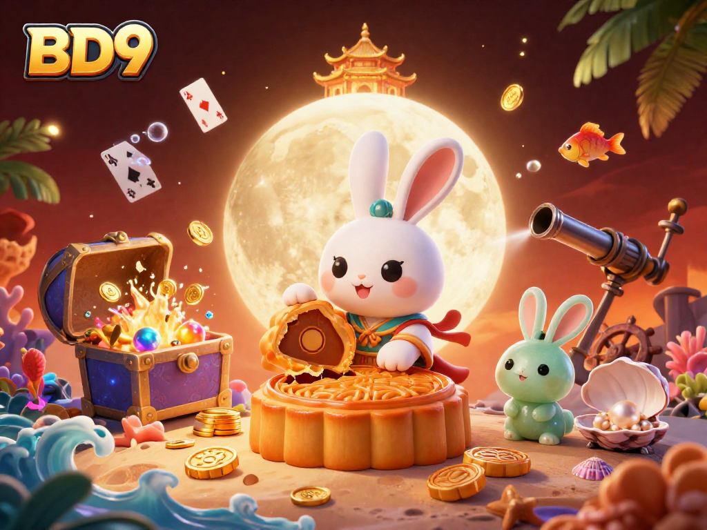 Engage in thrilling games at BD9, featuring vibrant casino-themed illustrations with moon rabbits and poker chips.