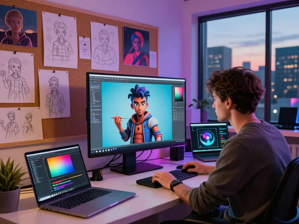 NSFW AI character creation in a vibrant digital art studio showcasing technology and creativity.