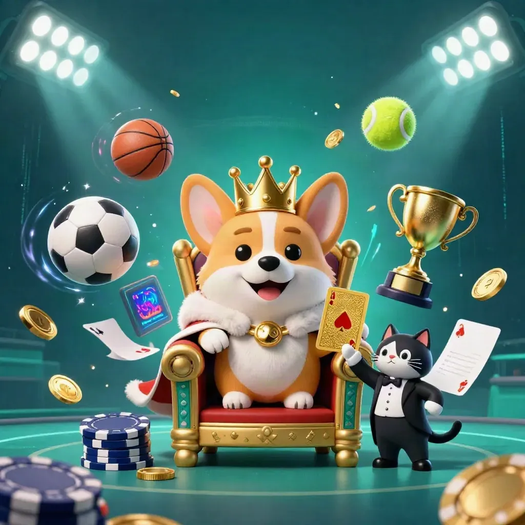 Crowned corgi and cat butler amid flying sports balls, coins, and neon casino light.
