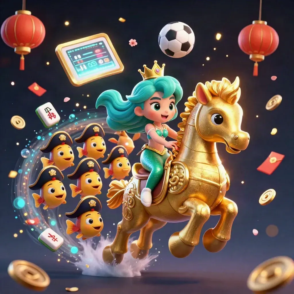 Mermaid princess on armored seahorse with pirate fish, casino game objects bursting around.