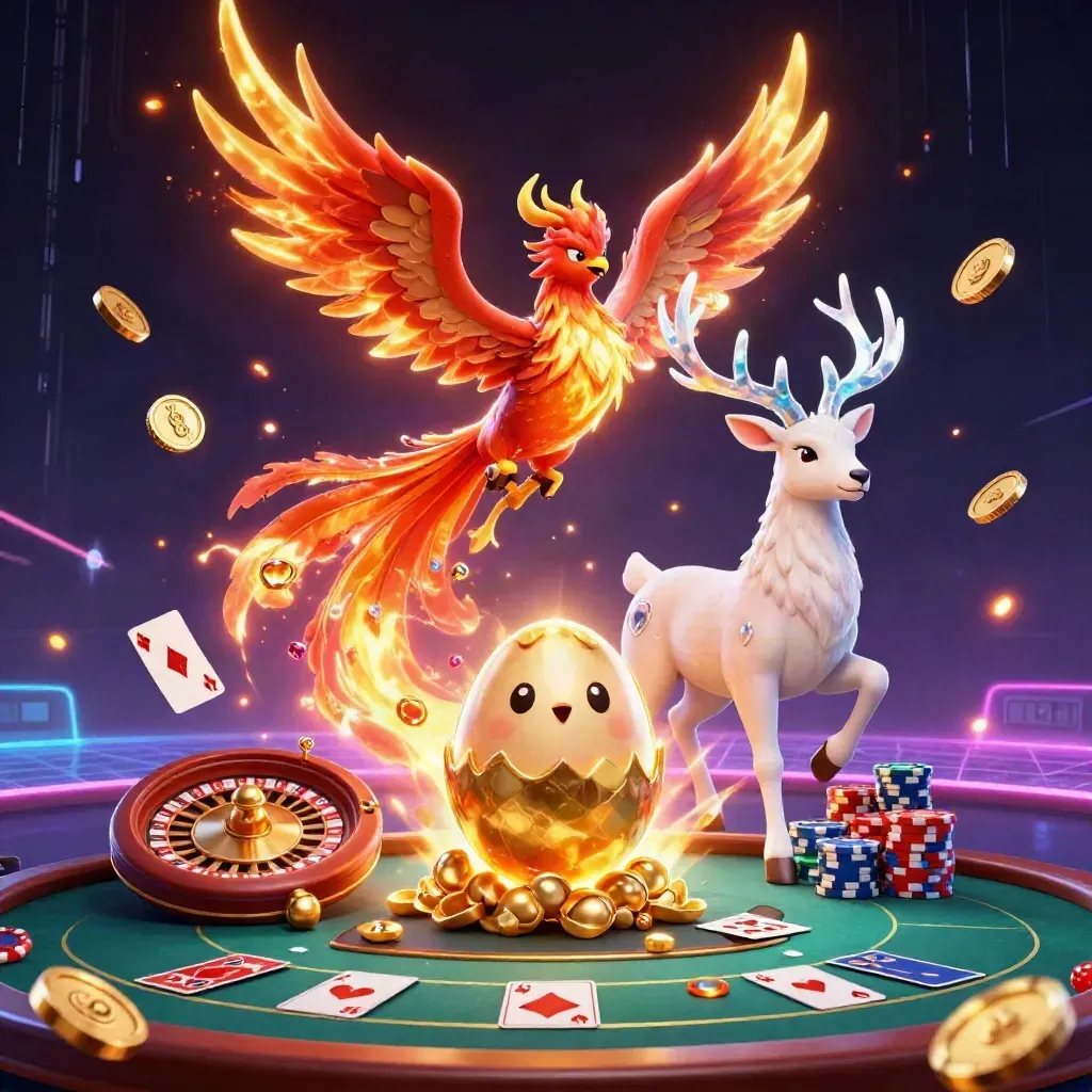 Fire phoenix, baby phoenix, and crystalline stag amid gold coins, roulette wheel, and neon casino light.