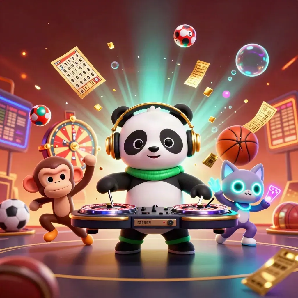 DJ panda, breakdancing monkey and glow-stick kitten amid casino balls, wheels and neon spray