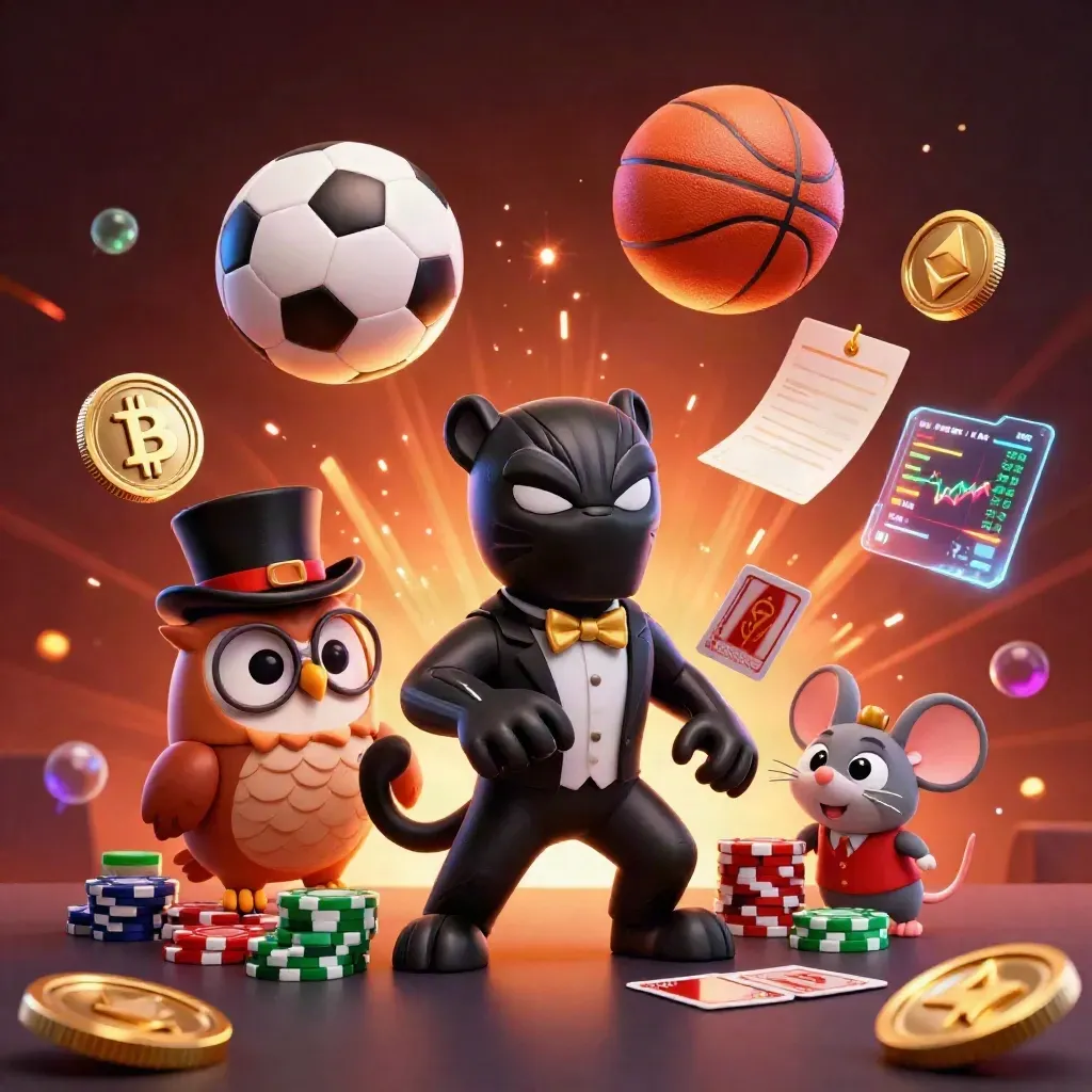 Neon casino animals with sports balls, chips, and glowing market effects in a dramatic night scene.