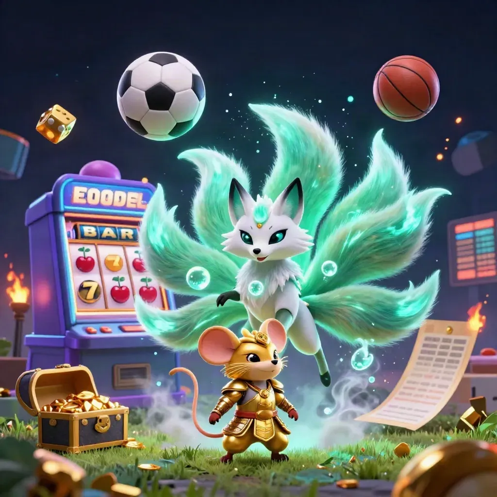 Fox spirit, samurai mouse, slot burst, and sports balls in neon casino light.