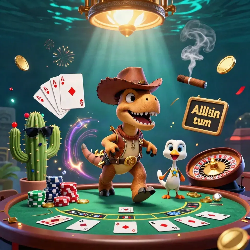 Cowboy T-Rex trio in a luxe casino showdown with roulette, cards, chips, and neon light.
